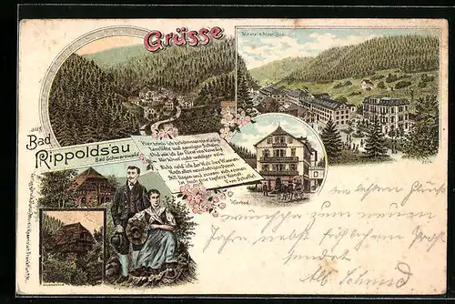 Lithographie Rippoldsau /Bad. Schwarzwald, Mineral & Moor-Bad, Bauernhaus, Teilansicht