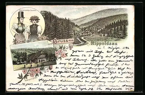 Lithographie Rippoldsau, Ortsansicht mit Schwarzwälderinnen in Tracht