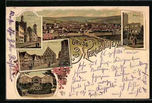 Lithographie Mergentheim, Neuhaus, Schloss und Rathaus