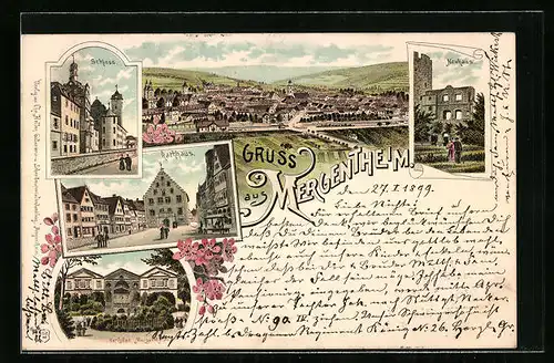 Lithographie Mergentheim, Totalansicht mit Schloss