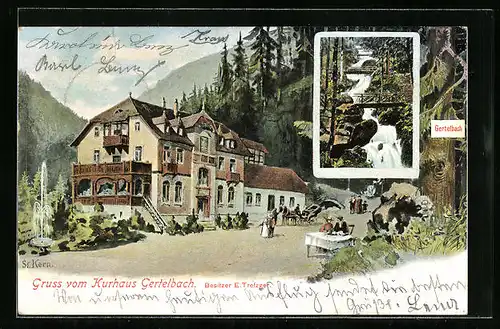Künstler-AK Gertelbach, Kurhaus Gertelbach mit Wasserfall