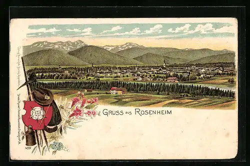 Lithographie Rosenheim, Gruss mit dem Panorama der Stadt