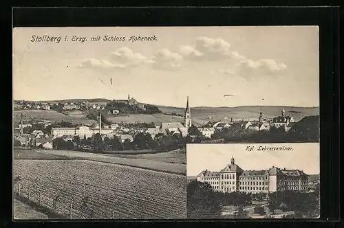 AK Stollberg i. Erzg., Ortsansicht mit Schloss Hoheneck, Kgl. Lehrerseminar