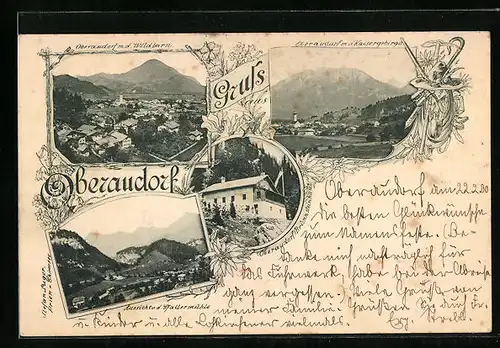 AK Oberaudorf, Brünnsteinhaus, Ortsansicht mit dem Kaisergebirge