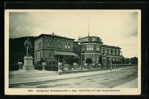 AK Kiel, Restaurant Seebadeanstalt u. Kaiserlicher Yacht-Club mit dem Krupp-Denkmal