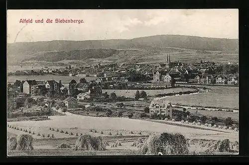 AK Alfeld, Teilansicht und die Siebenberge, Bahnpoststempel