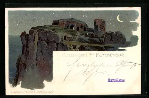 Lithographie Blankenburg, Ruine Regenstein bei Mondschein