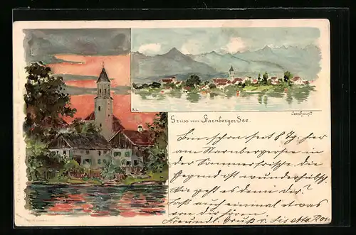 Lithographie Seeshaupt /Starnberger See, Kirche und Blick auf den Ort