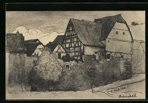 Künstler-AK Niedernhall, Blick auf Fachwerhäuser