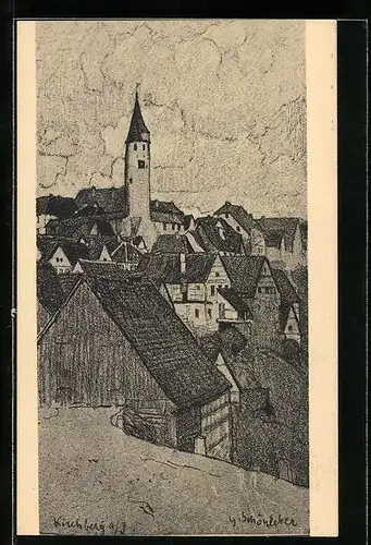 Künstler-AK Kirchberg a. Jagst, Ortsansicht mit Kirche
