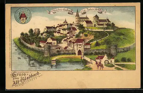 Künstler-AK Mönchen-Gladbach, Reiter vor den Toren der Stadt