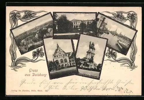 Glitzer-Perl-AK Duisburg, Kaiser Wilhelm-Denkmal und Ortsansicht