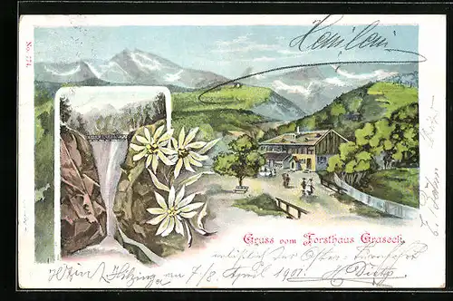 Lithographie Graseck, Forsthaus mit Besuchern