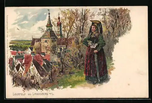 Lithographie Lechfeld bei Landsberg, Frau mit Blick auf die Stadt