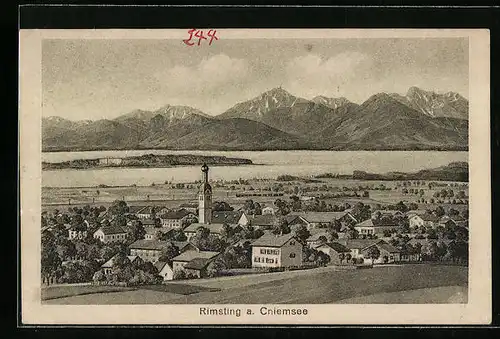 AK Rimsting a. Chiemsee, Ortspartie mit Kirche und Blick auf den See
