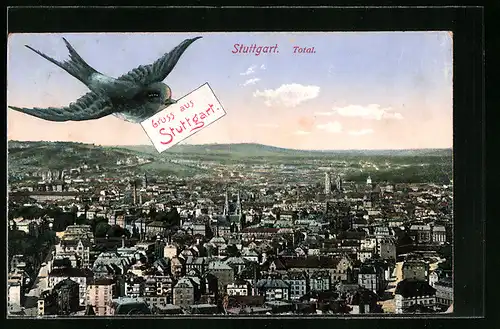 AK Stuttgart, Totalansicht und Schwalbe mit Brief über der Stadt