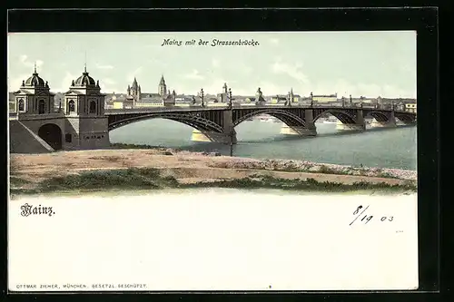 AK Mainz, Ortsansicht mit der Strassenbrücke