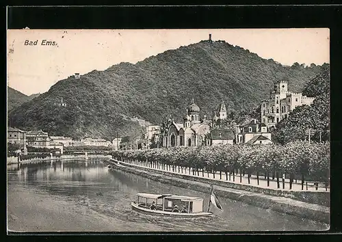 AK Bad Ems, Teilansicht mit Boot auf der Lahn