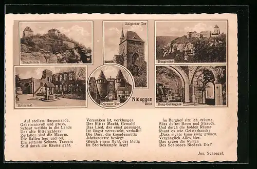 AK Nideggen /Eifel, Burgruine, Burg-Gefängnis, Dürener Tor, Zülpicher Tor, Burgfelsen, Rittersaal