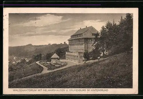 AK Helmarshausen, Waldsanatorium und Krukenberg im Hintergrund