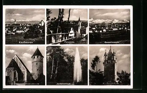 AK Kaufbeuren, Gesamtansicht und Panorama, Blasiuskirche, Jordananlage, Fünfknopf-Turm