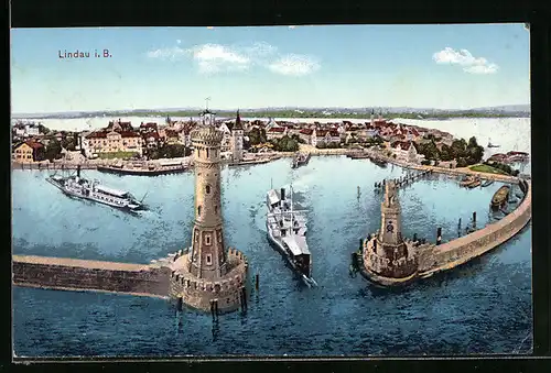AK Lindau im Bodensee, Ortsansicht mit Hafen aus der Vogelschau