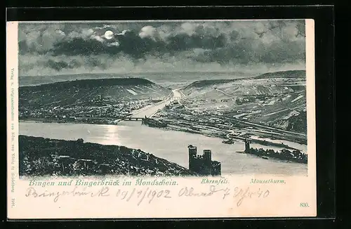 AK Bingen, Ortsansicht mit Bingerbrück im Mondschein, Ehrenfels, Mäuseturm