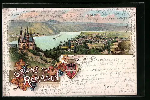 Lithographie Remagen, Blick auf den Ort am Rhein