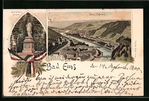 Lithographie Bad Ems, Ortsansicht mit Lahntal, Kaiser Wilhelm-Denkmal