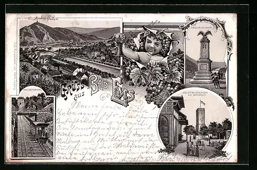 Lithographie Bad Ems, Restaurant auf der Bäderlei, Kriegerdenkmal, Malbergbahn