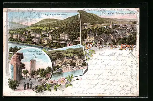 Lithographie Bad Ems, Restaurant auf der Bederley, Kurhaus, Hotel zu den vier Thürmen