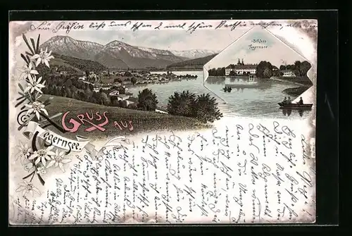 Lithographie Tegernsee, Schloss, Ortsansicht mit See und Gebirge