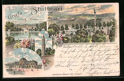 Lithographie Stuttgart, Degerlocher Aussichtsturm, Solitude, Neues Schloss