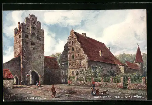 Künstler-AK Dinkelsbühl, Nördlinger Tor mit Stadtmühle
