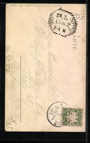 Lithographie Nürnberg, Nürnberger Trichter, Stadt und Wappen