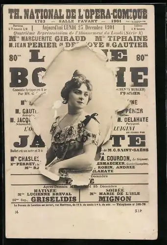 AK Zeitung Th. National de l'Opera-Comique, Frauenportrait auf der Seite