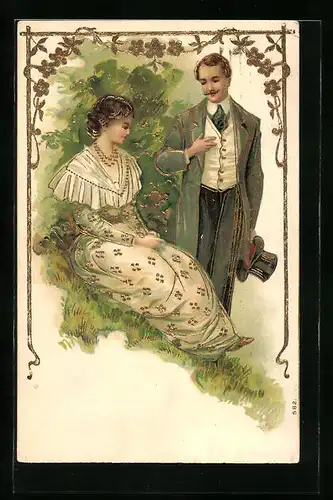 Präge-AK Mann flirtet mit einer jungen Frau