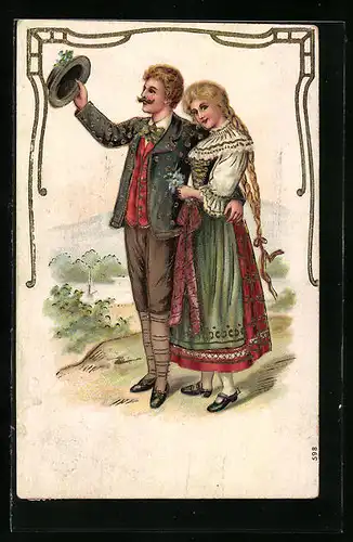 Präge-AK Liebespaar bei einem romantischen Spaziergang am Ortsrand