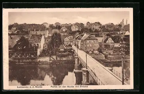 AK Lunzenau a. d. Mulde, Teilansicht mit Brücke