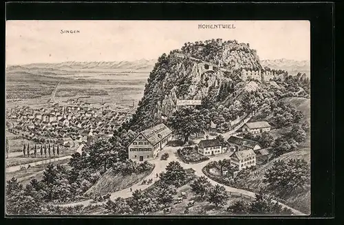 AK Singen, Gesamtansicht mit Hohentwiel