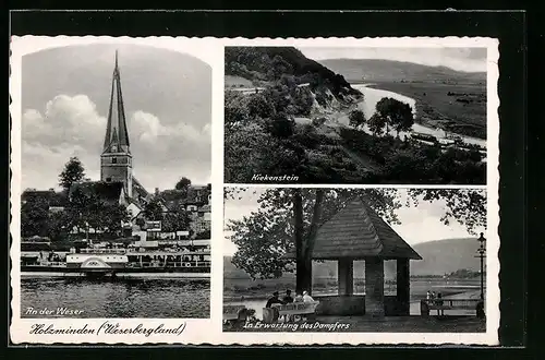 AK Holzminden, Kiekenstein, Dampferanlegestelle, Kirche und Weserdampfer