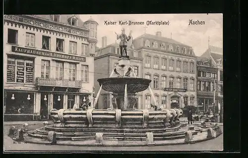 AK Aachen, Kaiser Karl-Brunnen auf dem marktplatz, Kaufhäuser von A. Vonhoff Wildt