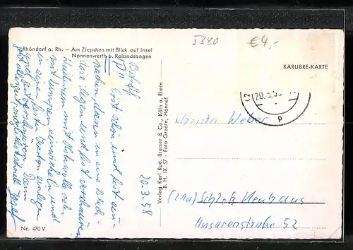 AK Rhöndorf a. Rh., am Ziepchen mit Blick auf Insel Nonnenwerth und Rolandsbogen