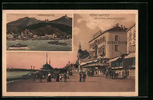 AK Königswinter / Rhein, Dampfer-Landungsplatz mit Hotel Europäischer Hof, Gesamtansicht