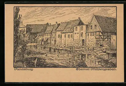 Künstler-AK Rendsburg, Partie am ehem. Mühlengraben