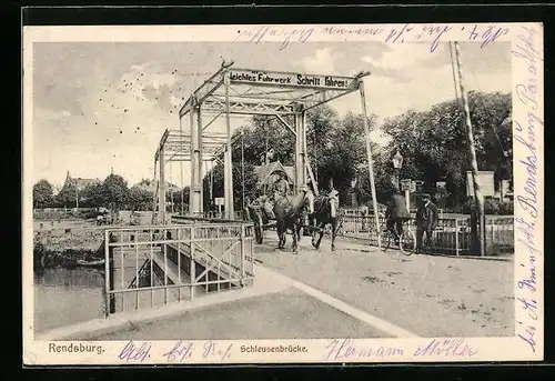 AK Rendsburg, Schleusenbrücke mit Pferdewagen