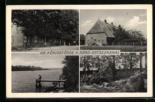 AK Gr. Königsförde, Gasthaus Wilh. Stuhr, See mit Steg, Felspartie