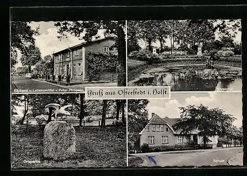 AK Osterstedt i. Holstein, Bäckerei Peter Philipsen, Schule, Ehrenmal