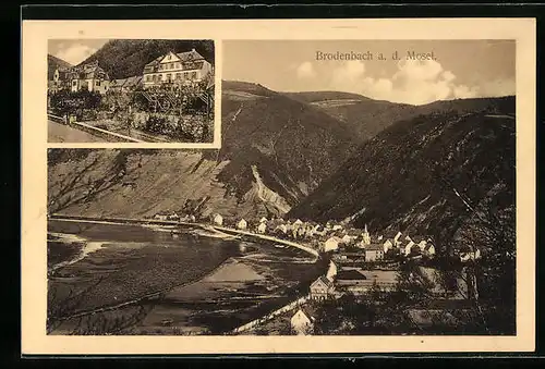 AK Brodenbach / Mosel, Gasthaus zur Post, Totale mit Gebirgswand