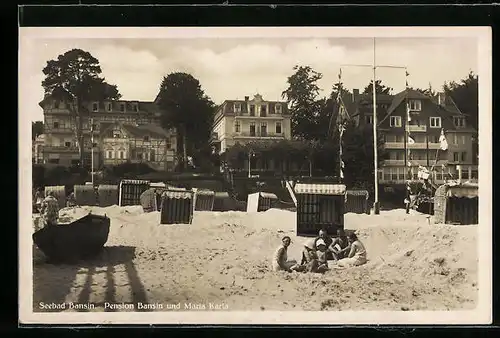 AK Bansin / Ostseebad, Pension Bansin und Maria Karla vom Strand aus gesehen